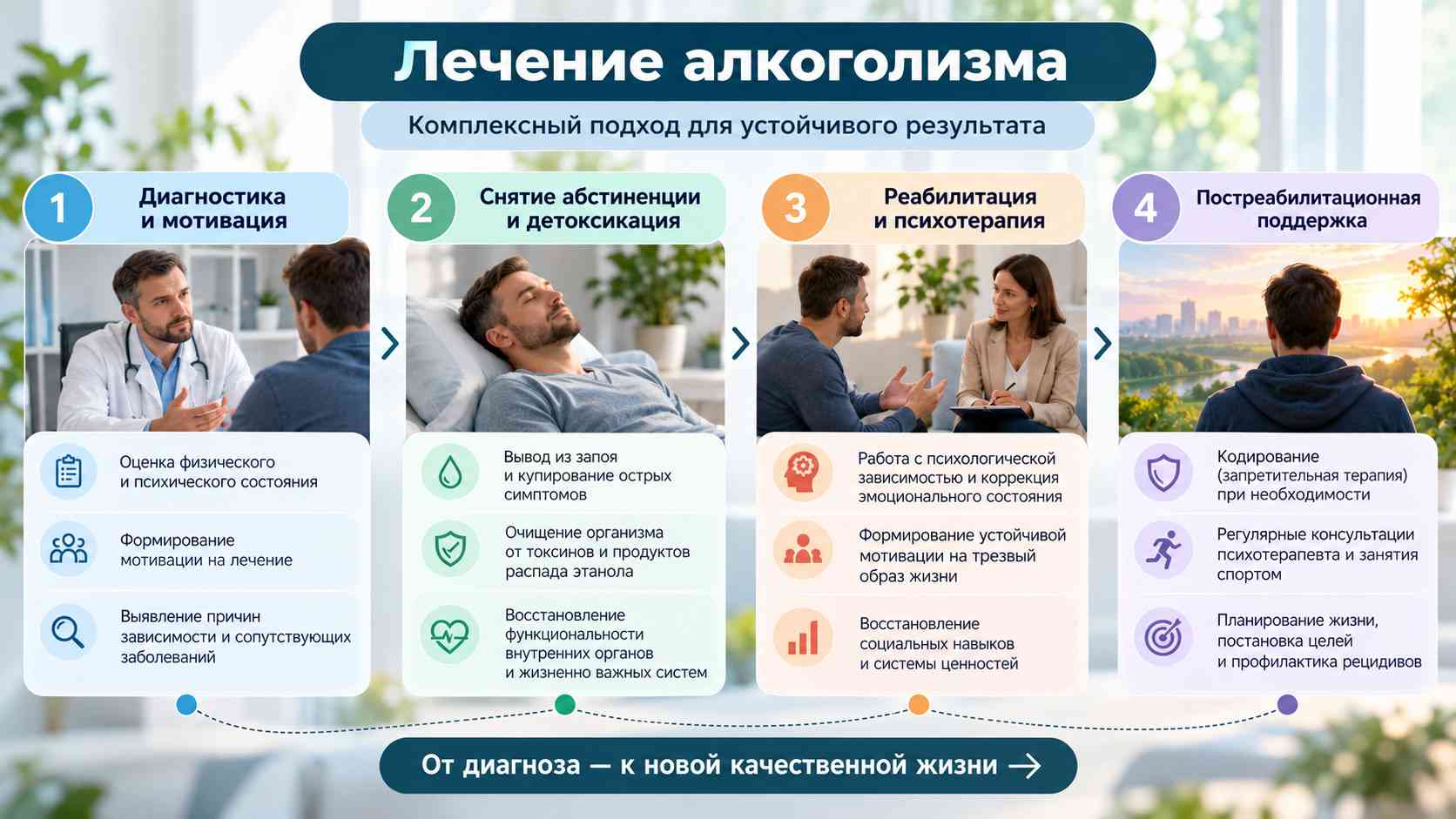 Лечение алкоголизма — 4 основных этапа комплексной терапии. Инфографика об этапах комплексного лечения алкоголизма: диагностика, мотивация, детоксикация, психотерапия, реабилитация и постреабилитационная поддержка.